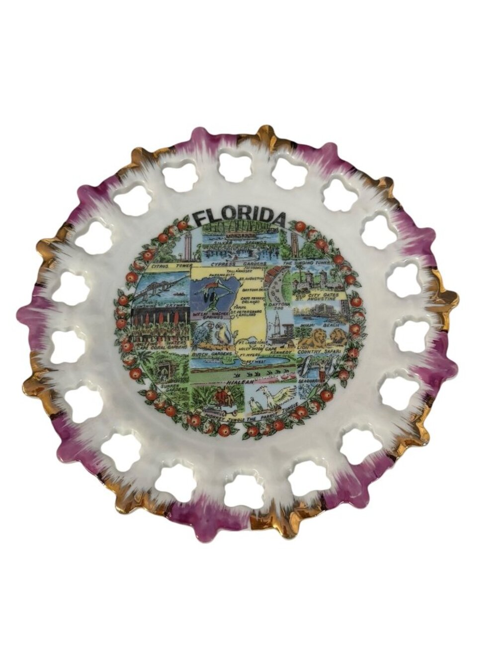 Vintage Kenmar Japan Florida Souvenir Lace Edge Wall Plate 7" Gold Trim Tourist